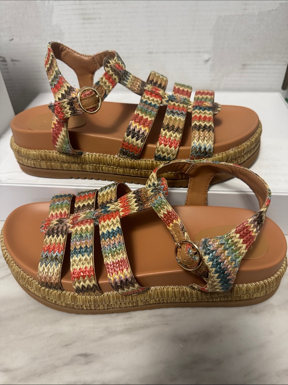 Crown Vintage Multicolor Woven Strappy Sandals with Tan Footbed
